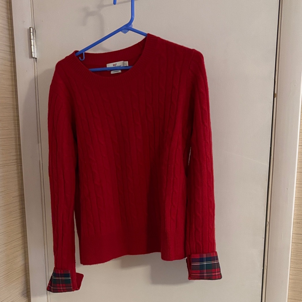 Vineyard Vines Red Cashmere Cable Knit Sweater with Plaid Cuffs